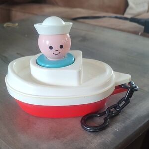 Vintage Fisher-Price #120 Tug Tub Red & White Boat - Jumbo Little People Sailor